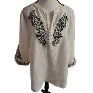 Susan Bristol Blouse Size 1X White 100% Linen Black Embroidered 3/4 Sleeve V...